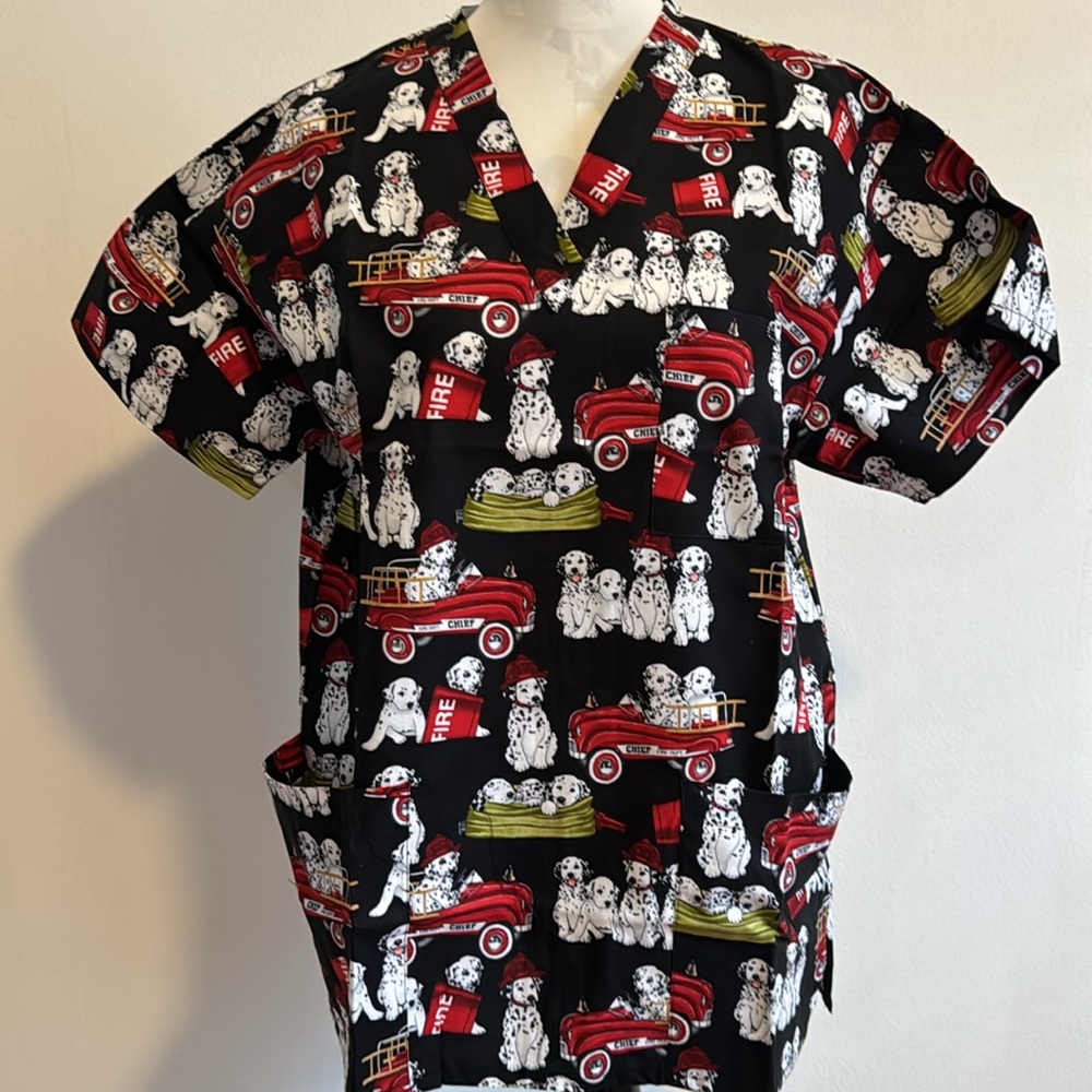 Peaches Uniform V Neck Dalmatian Fire Truck Small Top